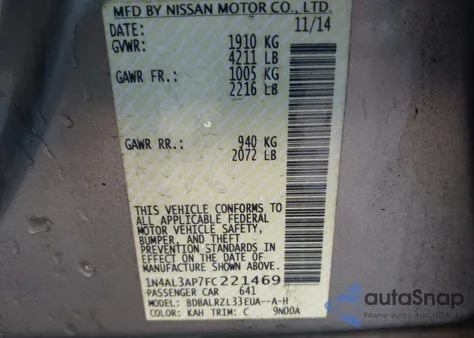 2015 Nissan Altima 2.5 Sl z USA, uszkodzony, nr VIN 1N4AL3AP7FC221469